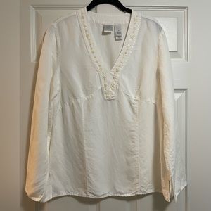 Emma James Women’s Linen Blend Embellished White Tunic Size 14